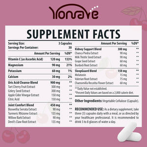 Yonrave Uric Acid Cleanse & Detox - Tart Cherry Capsules, Celery Seed Uric Acid Supplement – Kidney, Joint and Sleep – 90 Veggie Capsules（1 Bottle）