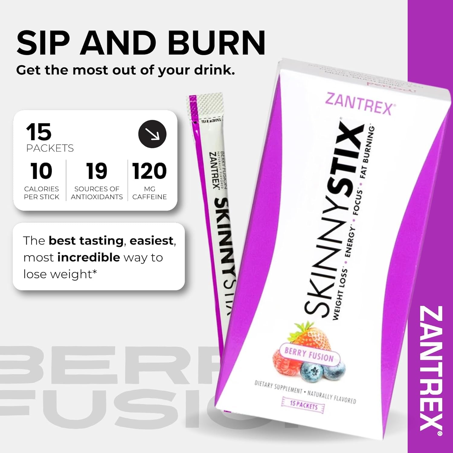 Zantrex Skinnystix Berry Fusion GLP-1 Support Drink Mix, Energy & Metabolic Support Powder, Appetite Control, 15 Single-Serving Packets