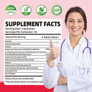 90 CT Magnesium Glycinate Gummies 1000Mg - Sugar Free Magnesium Potassium Supplement with Vitamin D, B6, Coq10 for Calm Mood & Sleep Support - 90 Raspberry Gummies