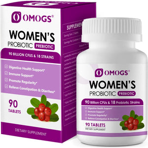 OMOGS Women'S Probiotic, with Cranberry Extract, Organic Prebiotics & Vitamin C, 90 Billion Cfus,18 Strains, Help for Boost Immune, Digestive, Gut Health & Women'S Health, Gluten & Soy Free,90 Tablets