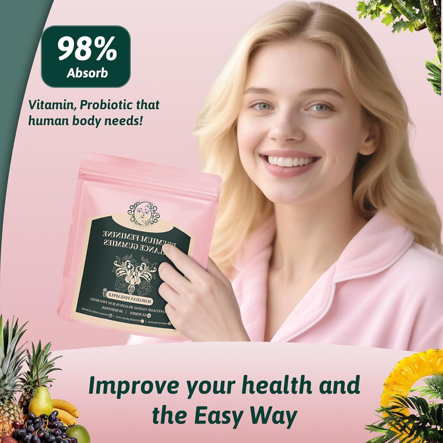 Feminine Balance Gummies for Women - Premium Balance Supplement for Women PH Health, Gut Healthy, Immune Support, Hawaiian Pineapple Flavor, 60 Gummies
