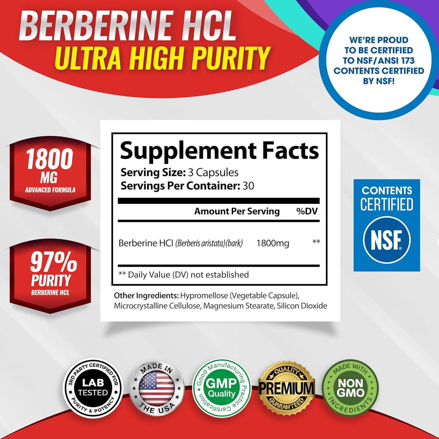 Toplux Berberine Supplement 1800Mg - Berberine HCL 97% Tested Ultra High Purity Premium Berberine Extract to Support Overall Health, High Potency Berberine plus Non-Gmo Vegan Men Women, 90 Capsules