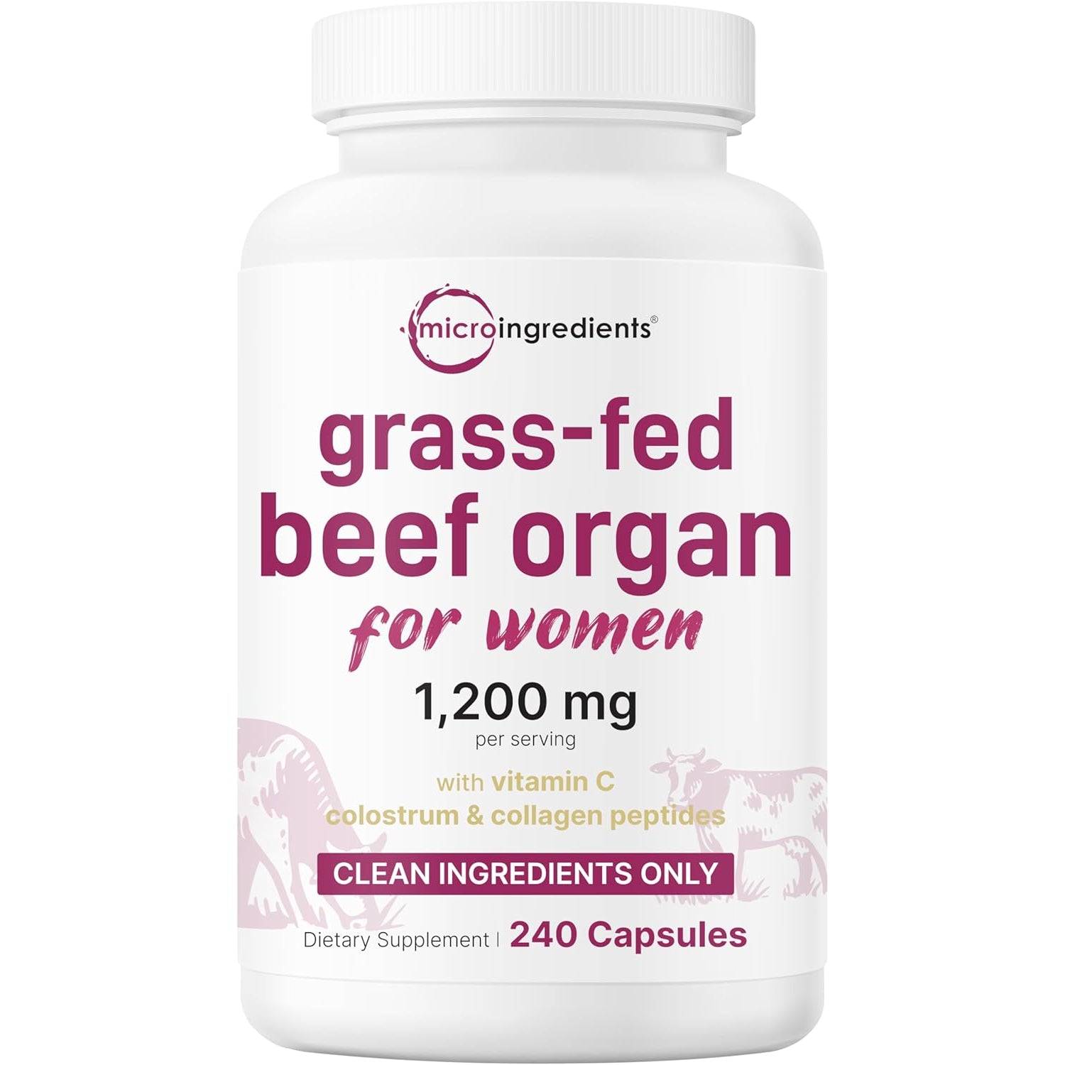 Micro Ingredients Grass‑Fed Beef Organ Supplement for Women – Bovine Beef Liver, Kidney, Heart & Uterus Tissue – 1,200 Mg Organ Blend plus Vitamin C, Colostrum & Collagen – 240 Capsules, No Fillers