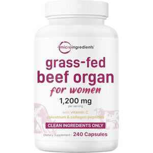 Micro Ingredients Grass‑Fed Beef Organ Supplement for Women – Bovine Beef Liver, Kidney, Heart & Uterus Tissue – 1,200 Mg Organ Blend plus Vitamin C, Colostrum & Collagen – 240 Capsules, No Fillers