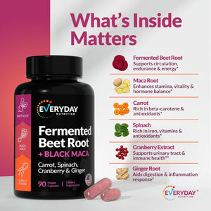Organic Fermented Beet Root & Black Maca Capsules with Carrot, Spinach, Cranberry & Ginger | Superfood for Energy, Stamina & Wellness | 90 Veggie Capsules | Made in USA