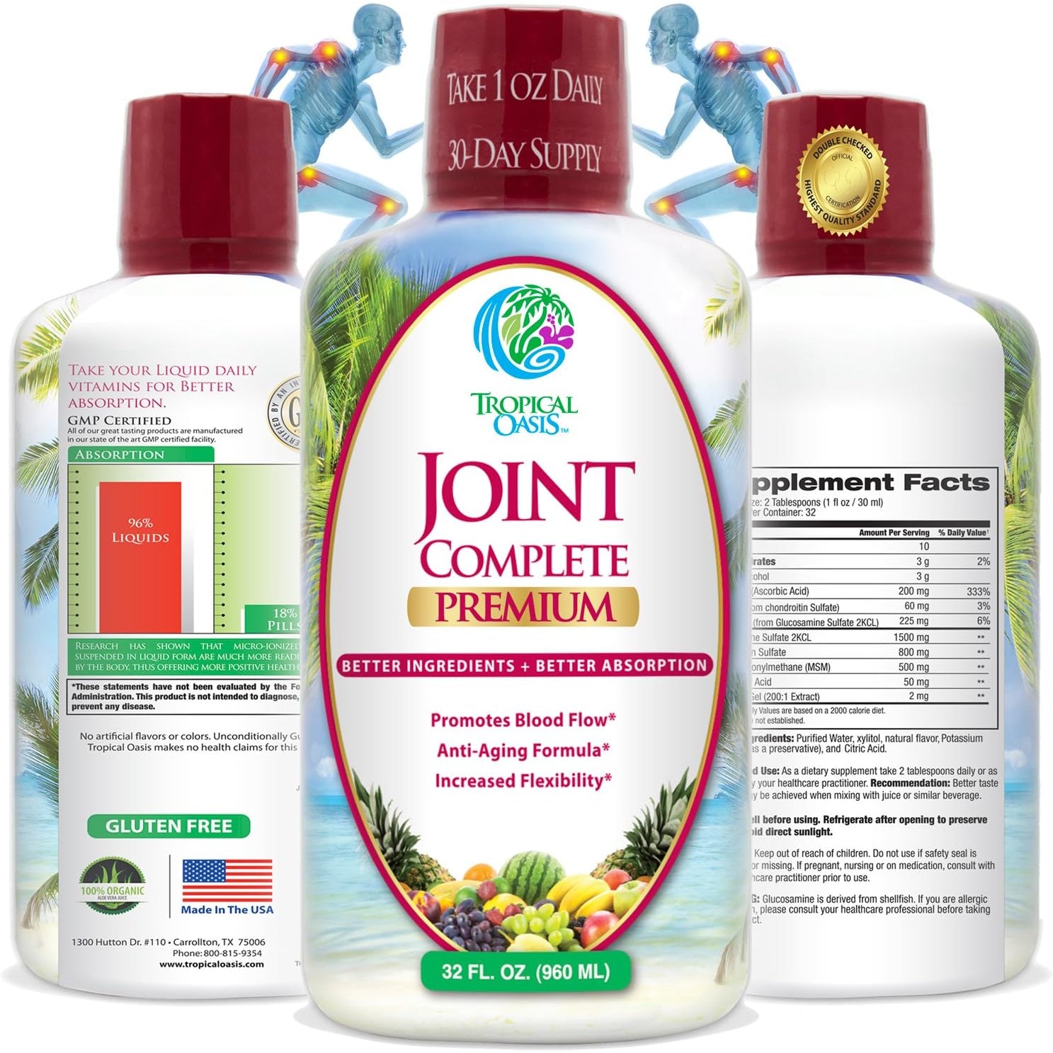 Tropical Oasis Joint Complete Premium - Liquid Joint Supplement with Liquid Glucosamine Sulfate, Chondroitin, MSM & Hyaluronic Acid - 96% Max Absorption– 32Oz, 32 Serv, 33484