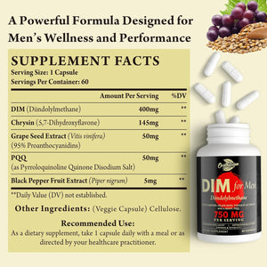 Orinthalixium DIM for Men 750MG – Hormone Balance, Estrogen Support for Men, DIM Supplement, Detox, Vitality & Fitness Performance–Chrysin & Black Pepper Extract, 60 Capsules (1 Bottle)