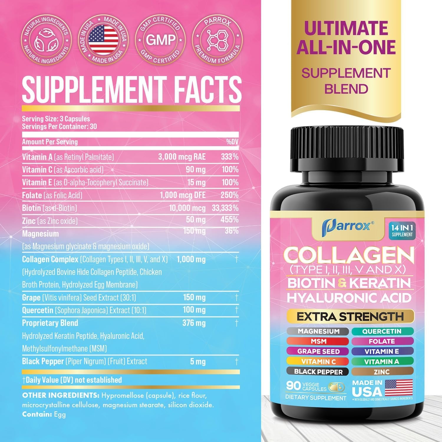 Collagen Peptides Types I, II, III, V & X, MCG Biotin, Keratin, Hyaluronic Acid, MSM, Zinc, Grape Seed Extract, Quercetin, Vitamin A, Vitamin C, Vitamin E, Magnesium, Folic Acid (90 Capsules)