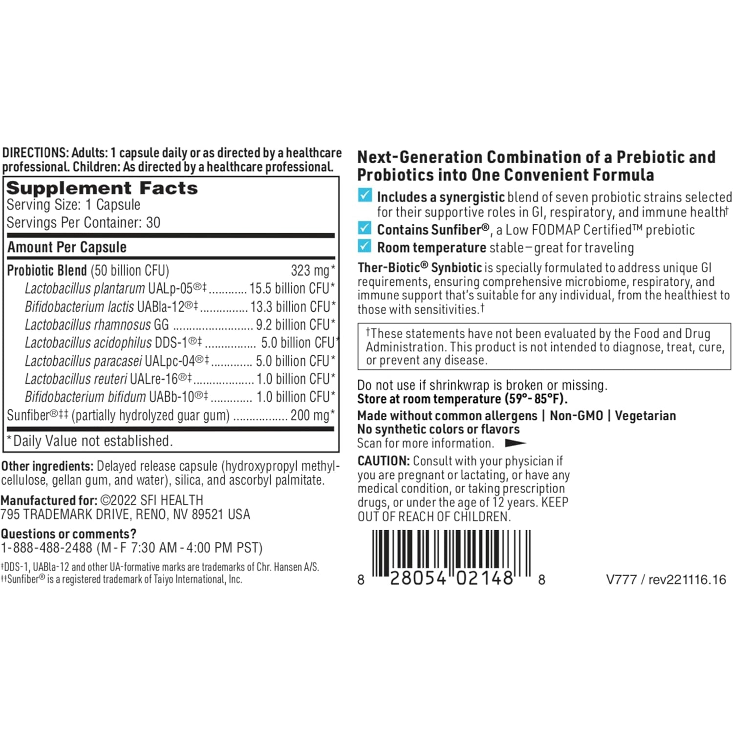 Klaire Labs SFI Health Ther-Biotic Synbiotic - Prebiotics and Probiotics for Women & Men - 50 Billion CFU Probiotic Capsules with Sunfiber - Digestive Health and Immune Support (30 Ct)