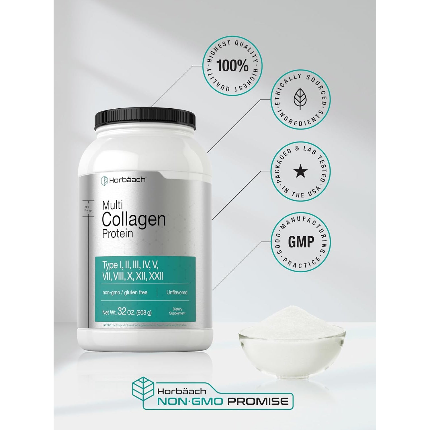 Horbaach Multi Collagen Protein Powder 32 Oz | Types I, II, III, IV, V, VII, VIII, X, XII, and XXII | Grassfed Collagen Peptides | Keto & Paleo Friendly | Unflavored & Gluten Free