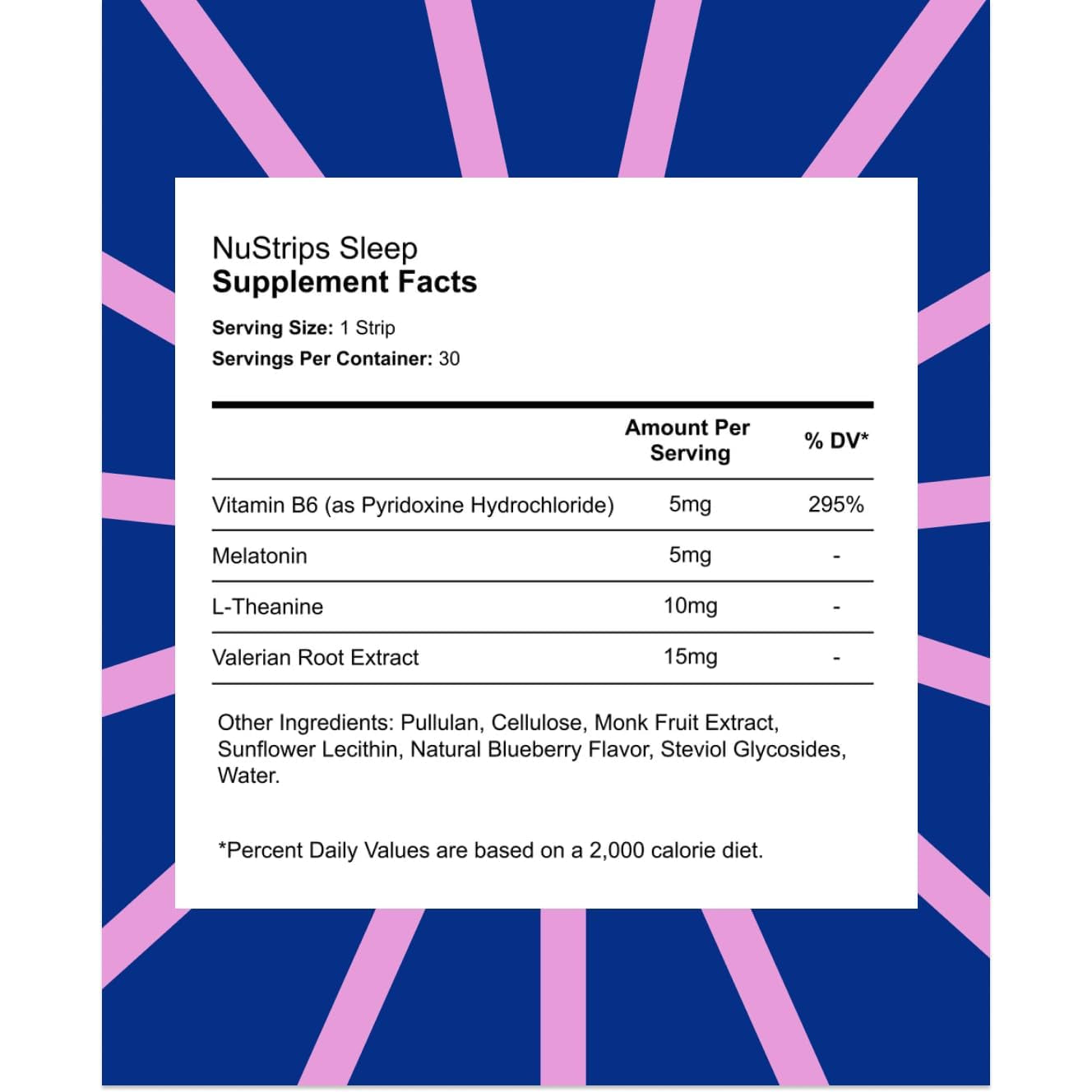 Nustrips™ Fast-Dissolving Sleep Strips with 5Mg Melatonin, Valerian Root, L-Theanine & Vitamin B6 – Blueberry Flavor - Natural Sleep Aid, Vegan, Non-Gmo, Gluten Free – Fall Asleep Fast (30 Strips)