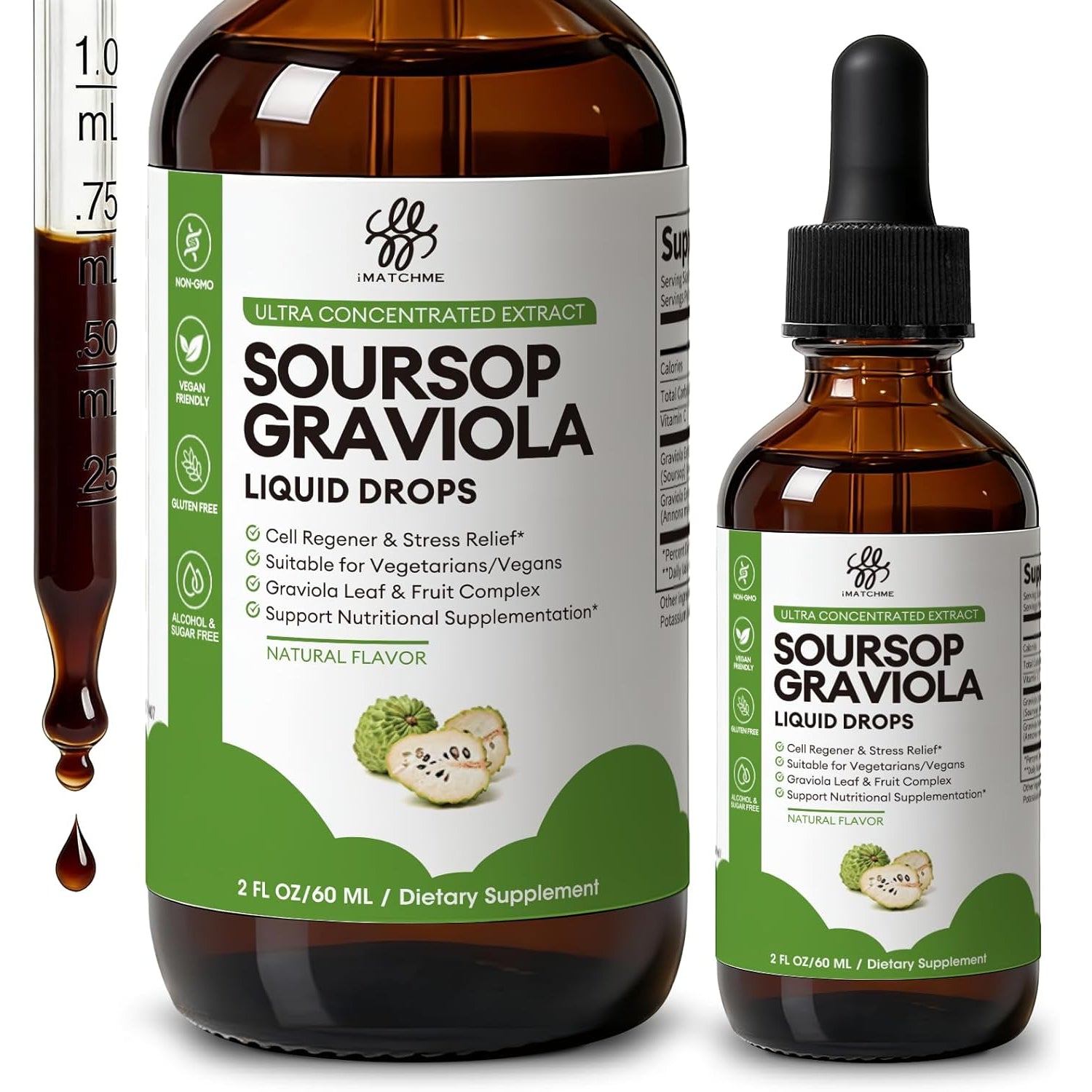 Imatchme Soursop Graviola Liquid Drop for Cell Support & Regeneration, Immune System and Gut Health Support, Soursop Bitters Liquid, Herbal Goodness, Sugar/Gluten Free, Natural Flavor, 2 Fl Oz