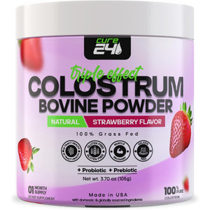 Bovine Colostrum X3 Supplement Powder for Humans, 100% Pure Whole Natural Grass Fed Superfood, High Igg, plus Probiotic & Prebiotic, Unflavored, Made in USA (Strawberry)