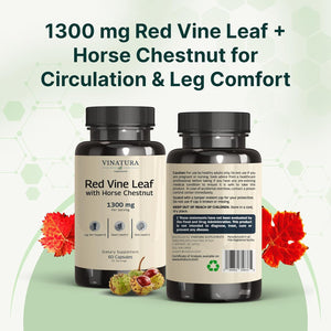 VINATURA Red Vine Leaf Extract - Horse Chestnut, 1300Mg/Serving *USA Made and Tested* Circulation and Vein Support for Healthy Legs - Helps Blood Flow, Leg Circulation - 60 Capsules (30 Servings)