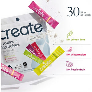 Create Creatine + Electrolytes Mix - Creatine Monohydrate Stick Packs, Supports Energy and Hydration, NSF Certified for Sport, 30 Count, Variety Pack