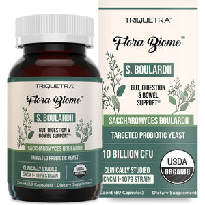 Organic Saccharomyces Boulardii - 10 Billion CFU - Clinically Validated CNCM I-1079 Probiotic Strain - Gut, Digestion & Healthy Bowel Support - First Organic Form of S. Boulardii Probiotic - 60 Count