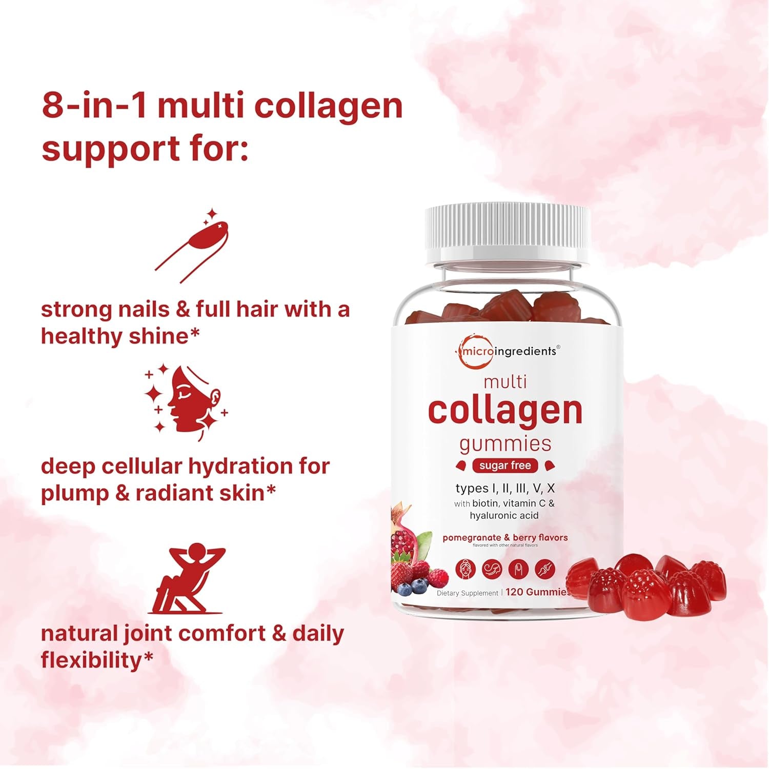 Micro Ingredients Multi Collagen Peptides, 120 Collagen Gummies | Type I,II,III,V,X Protein with Biotin, Hyaluronic Acid, & Vitamin C Complex | Pomegranate & Berry Flavored | Sugar Free, Non-Gmo