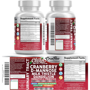 Cran Flow Cranberry Pills for Urinary Health D-Mannose Milk Thistle Dandelion Inulin Vitamin C Prebiotics and Probiotics Bladder Support by Clean Nutra