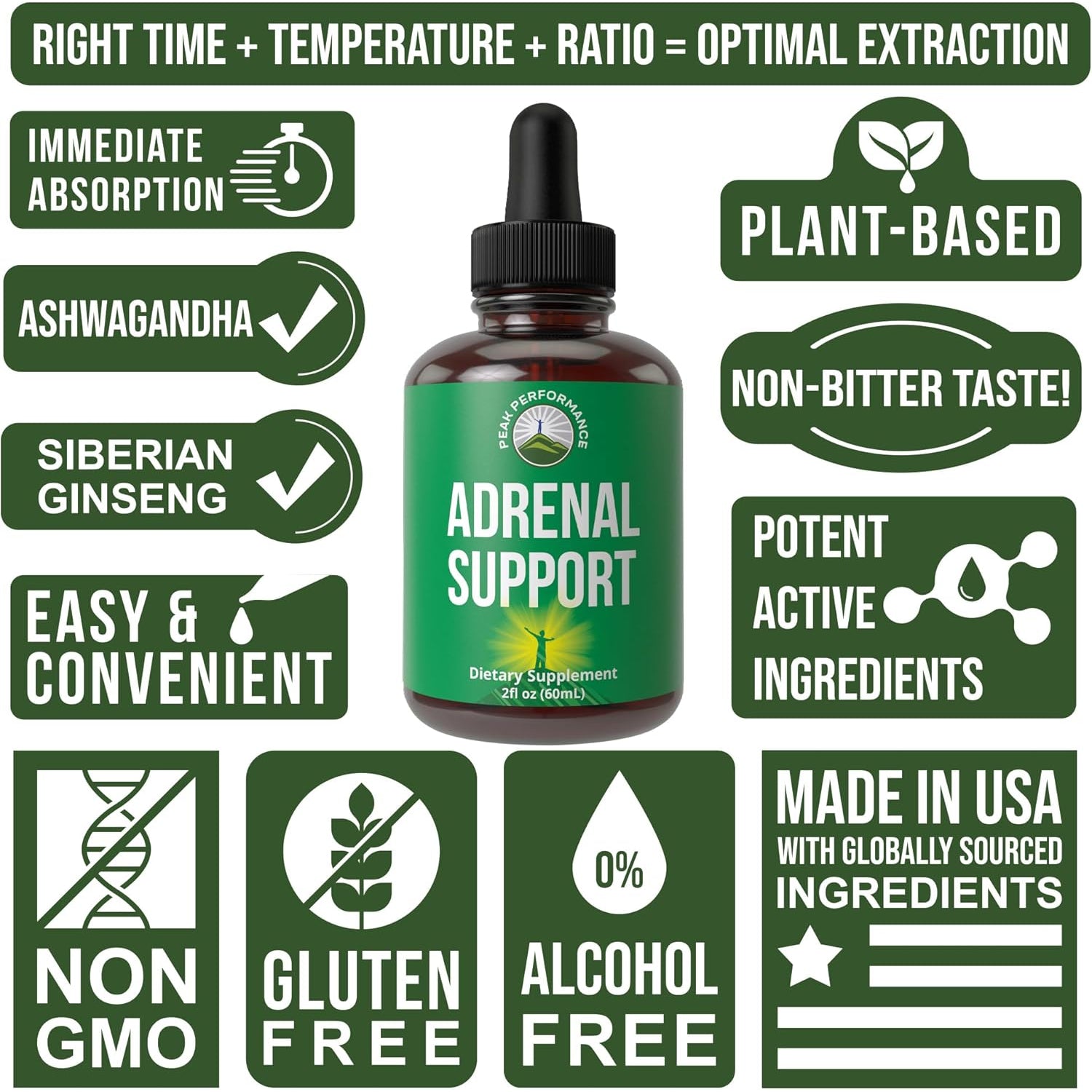 Peak Performance Adrenal Support Supplements to Restore Energy from Adrenal Fatigue. Liquid Drops Complex for Women and Men. Supports Healthy Cortisol Management. Supplement with Adaptogens