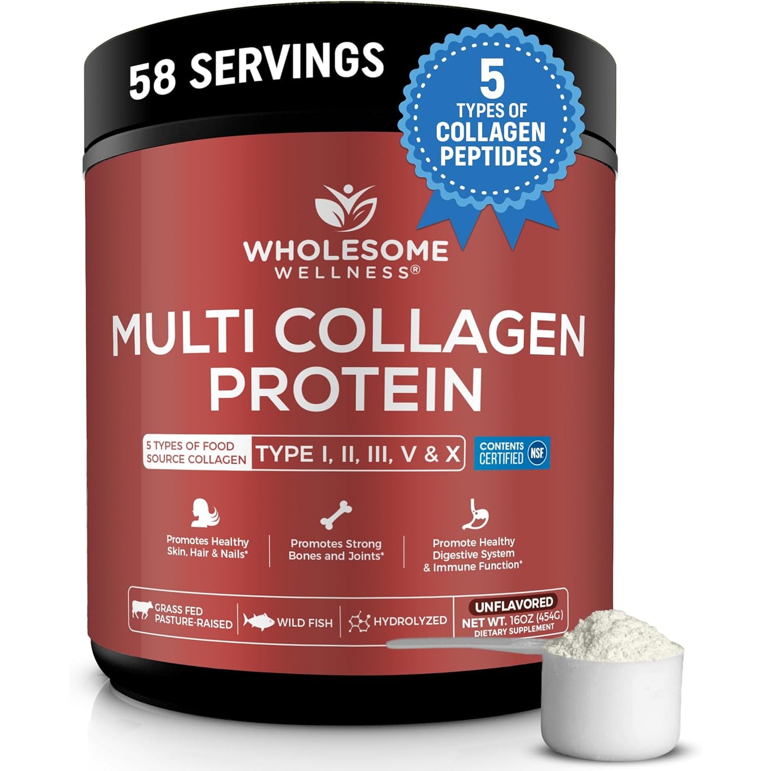 Wholesome Wellness Premium Multi Collagen Peptides Protein Powder for Women and Men, 5 Types of Hydrolyzed Collagen, Grass-Fed, Non-Gmo & Unflavored, Pure Protein for Youthful Skin & Joint Recovery