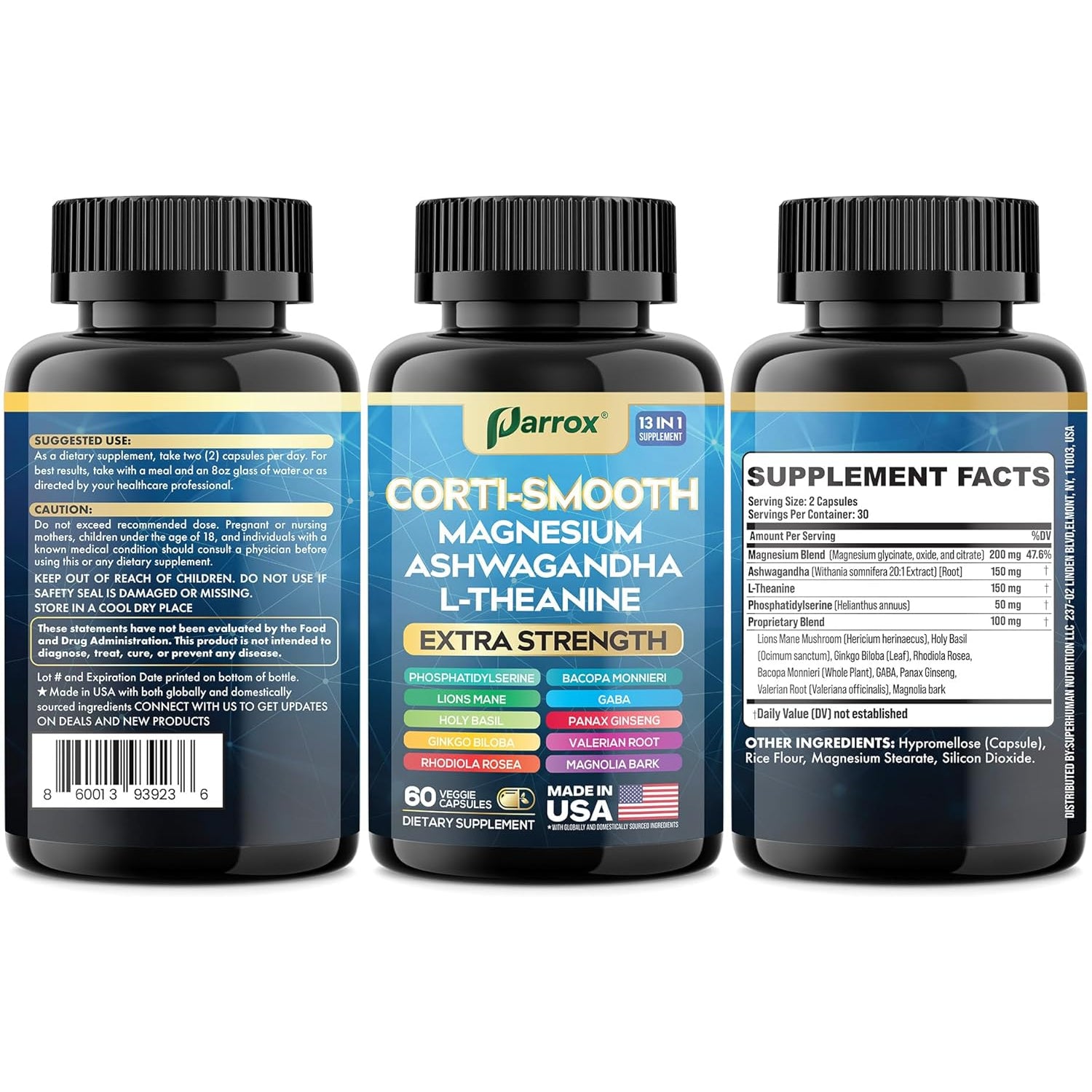 Corti-Smooth Cortisol Supplement Magnesium, L-Theanine, Ashwagandha, Phosphatidylserine, Valerian Root, Lions Mane, Bacopa Monnieri, Ginkgo Biloba, Panax Ginseng, Magnolia Bark, GABA (60 Caps)