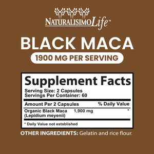 Organic Black Maca 1,900 Mg per Serving Natural Energy Booster Peruvian Maca for Men & Women 120 Capsules