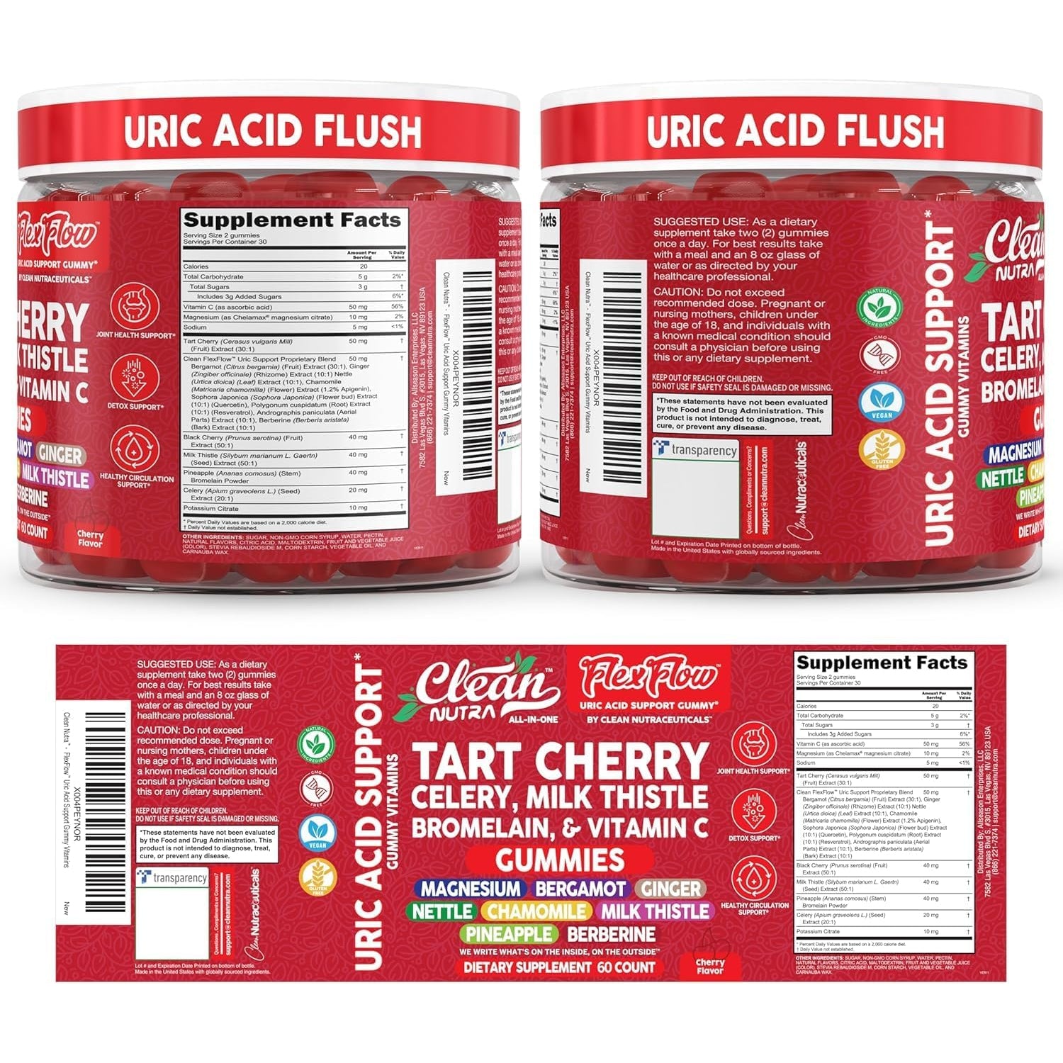 Clean Nutra Tart Cherry Gummies Uric Acid Flush Celery Milk Thistle Bromelain Vitamin C Magnesium Citrus Bergamot Ginger Stinging Nettle Leaf Chamomile Berberine Quercetin Support 60 Gummy Vitamins