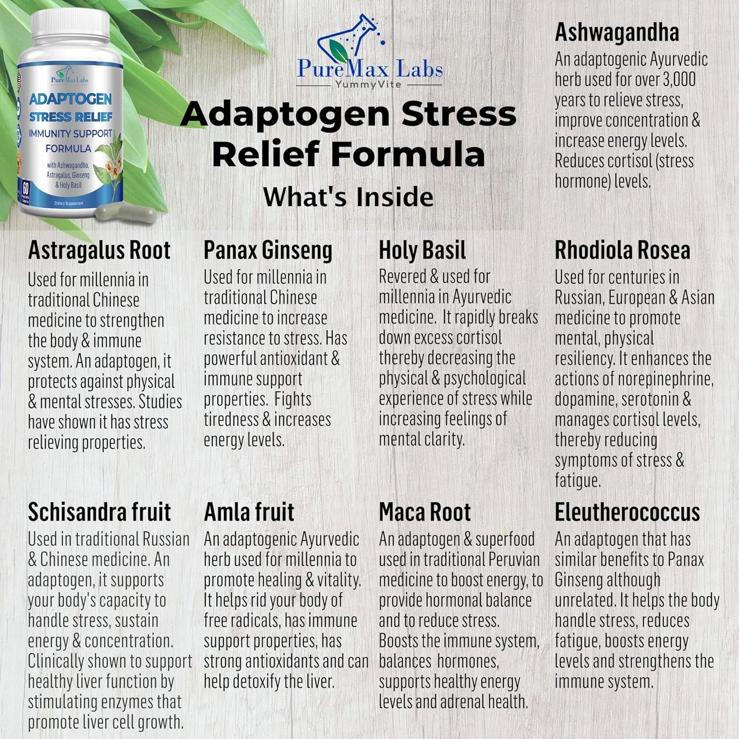 Adaptogen Stress Relief Immune Support Formula - Adaptogenic Adrenal Support with Ashwagandha, Astragalus, Ginseng, Holy Basil, Rhodiola, Amla, Maca, Schisandra, Non-Gmo - 60 Capsules