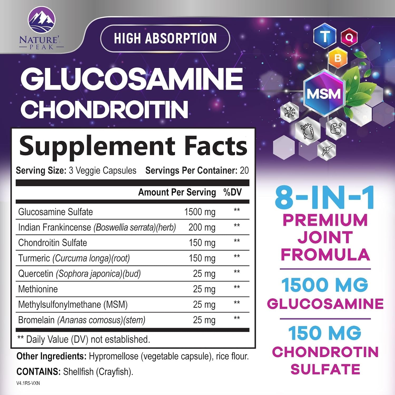 Glucosamine Chondroitin, MSM & Turmeric - Extra Strength Joint Support Supplement with 1500Mg Glucosamine Sulfate per Serving - for Cartilage, Joint Health & Flexibility - Bottled USA - 60 Capsules