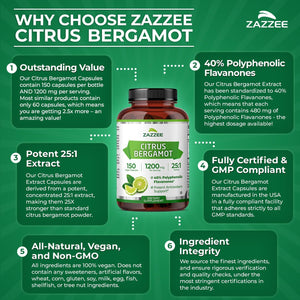 Zazzee Citrus Bergamot 25:1 Extract, 1200 Mg per Serving, 40% Polyphenolic Flavanones, 150 Vegan Capsules, 5 Month Supply, Citrus Bergamia, Antioxidant Support, Certified Kosher, Non-Gmo, Made in USA