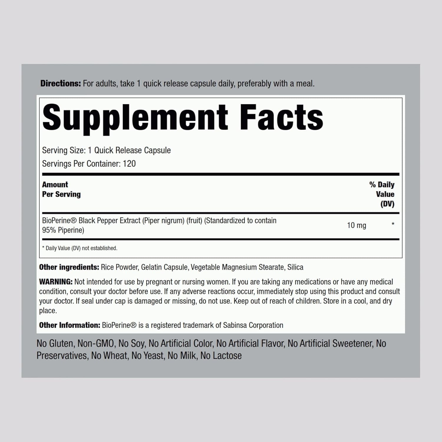 Piping Rock Bioperine Supplement 10Mg | 120 Capsules | Black Pepper Extract | 95% Piperine | Gluten Free, Non-Gmo
