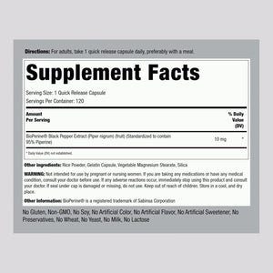 Piping Rock Bioperine Supplement 10Mg | 120 Capsules | Black Pepper Extract | 95% Piperine | Gluten Free, Non-Gmo
