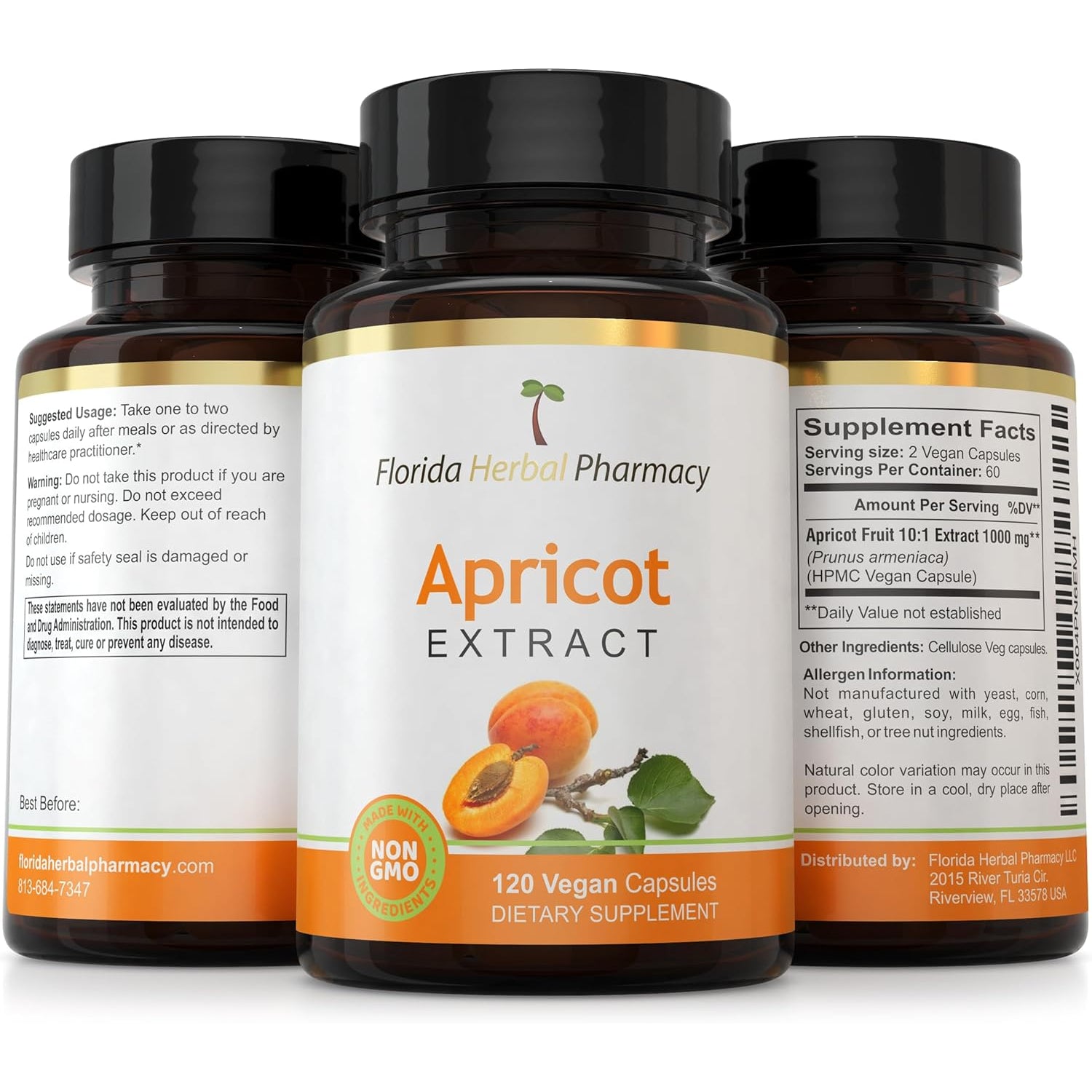 Florida Herbal Pharmacy Apricot Supplement Capsules 10:1 (120 Capsules) 500 Mg per Capsule, 1000 Mg Serving