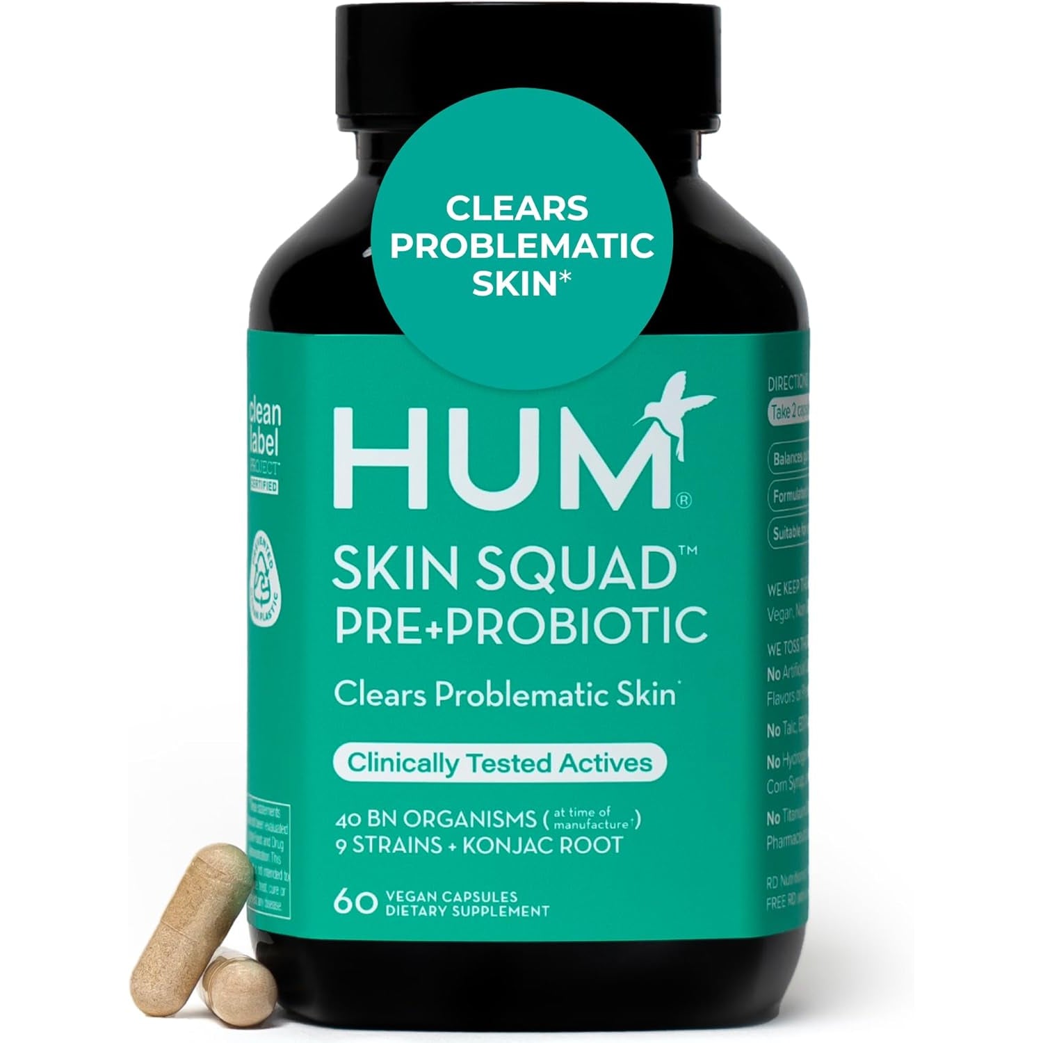 HUM Skin Squad Probiotics for Women and Men, Skin Care Supplement for Clear Complexion & Gut Health Support, Microbiome Prebiotic & Probiotic Supplement for Breakouts, Digestive Health, 60 Capsules