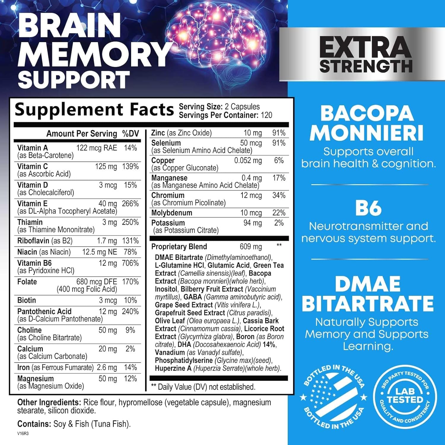 Brain Memory Supplement Pills - 3X Strength Nootropics for Concentration, Clarity & Focus Support - Brain Health Cognitive Vitamins with Bacopa, Phosphatidylserine & DMAE, Brain Booster - 240 Capsules