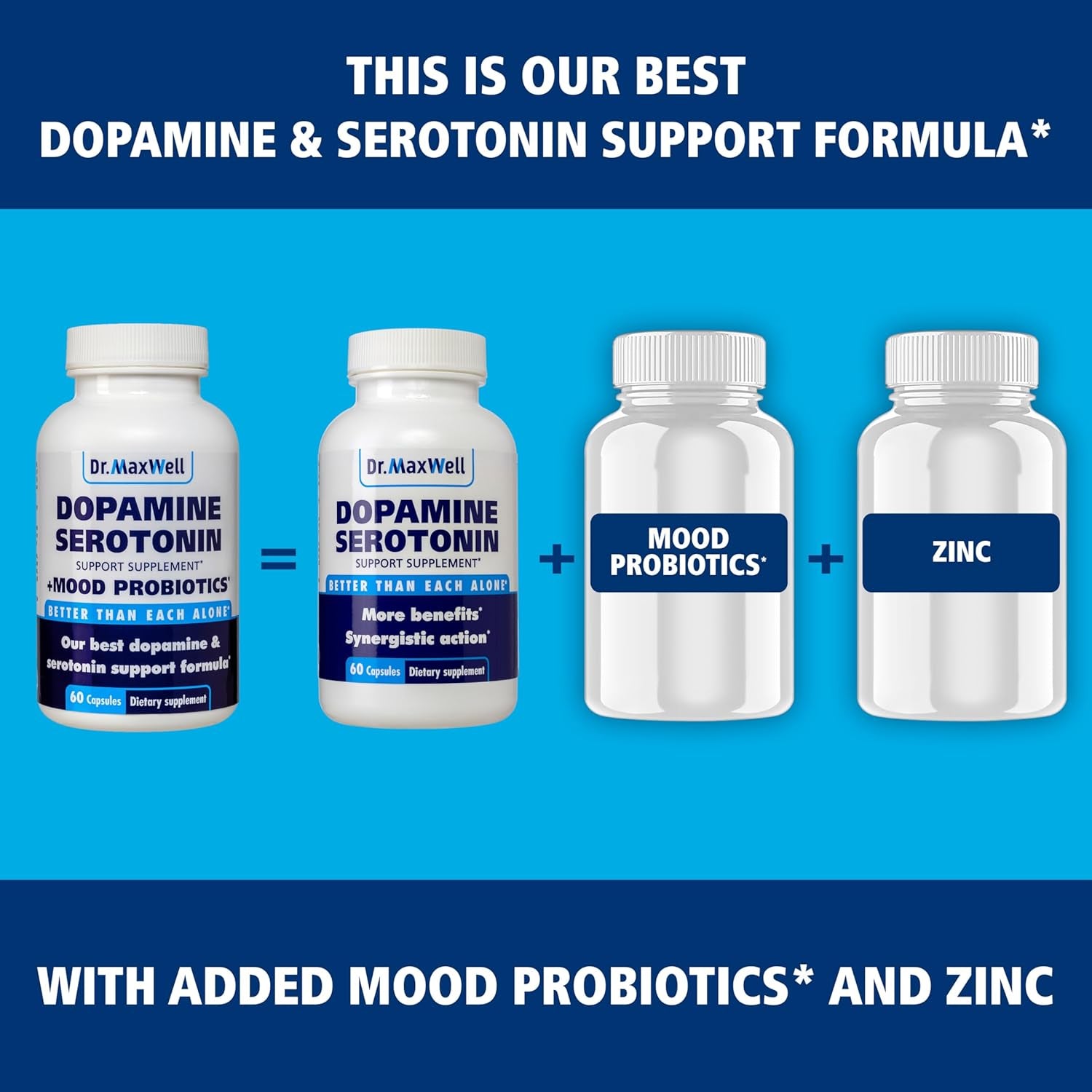 Dr. Maxwell Serotonin and Dopamine Supplements with Mood Probiotic, 5In1 Support for (1) Dopamine (2) Serotonin (3) Mood (4) Relaxation (5) Focus & Brain, 60 Capsules