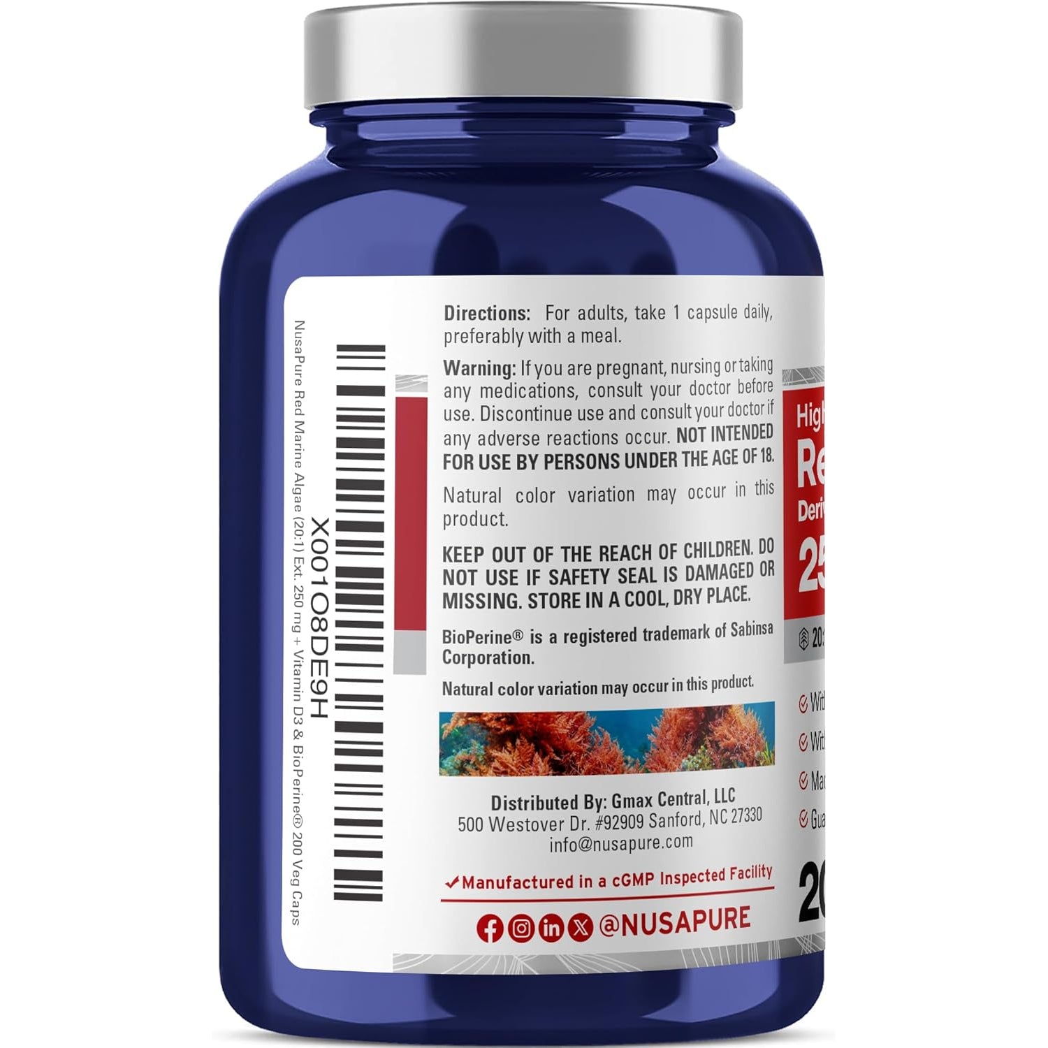 Nusapure Red Marine Algae Capsules, 250 Mg, 200 Veg Capsules (Soy Free, Non-Gmo)