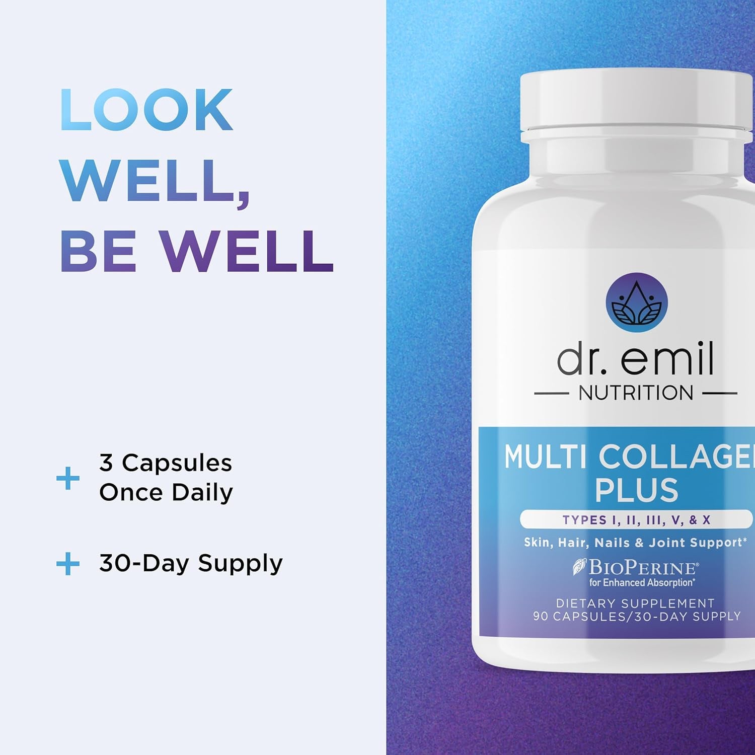 Dr. Emil Nutrition Multi Collagen - Hydrolyzed Collagen Supplement - Types I, II, III, V & X - Hair, Skin, Nails & Joint Support - Non-Gmo & Gluten-Free - 90 Capsules