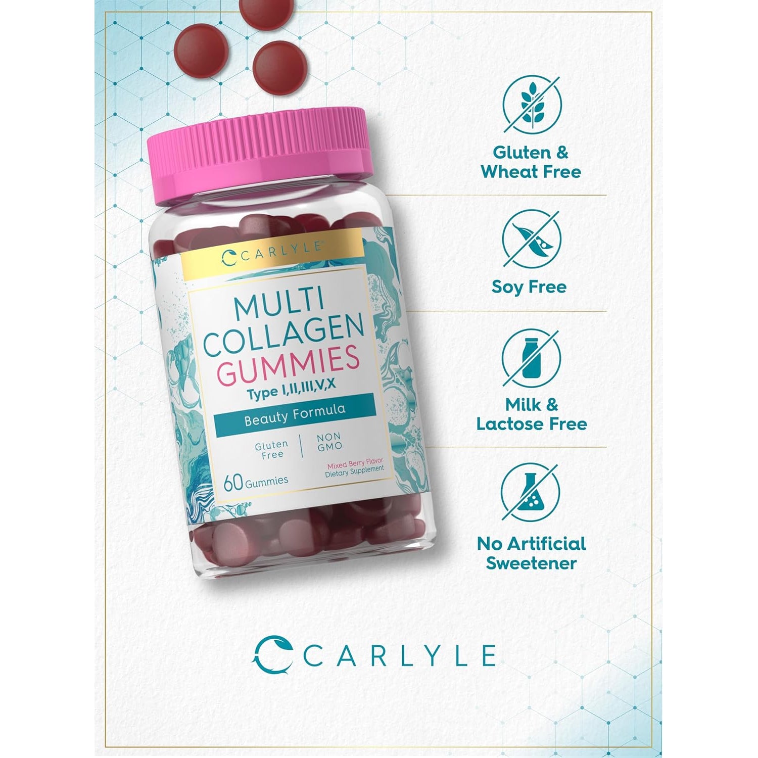 Carlyle Collagen Peptides Gummies | 60 Count | Multi Collagen Complex | Beauty Formula Supplement | Mixed Berry Flavor | Non-Gmo, Gluten Free