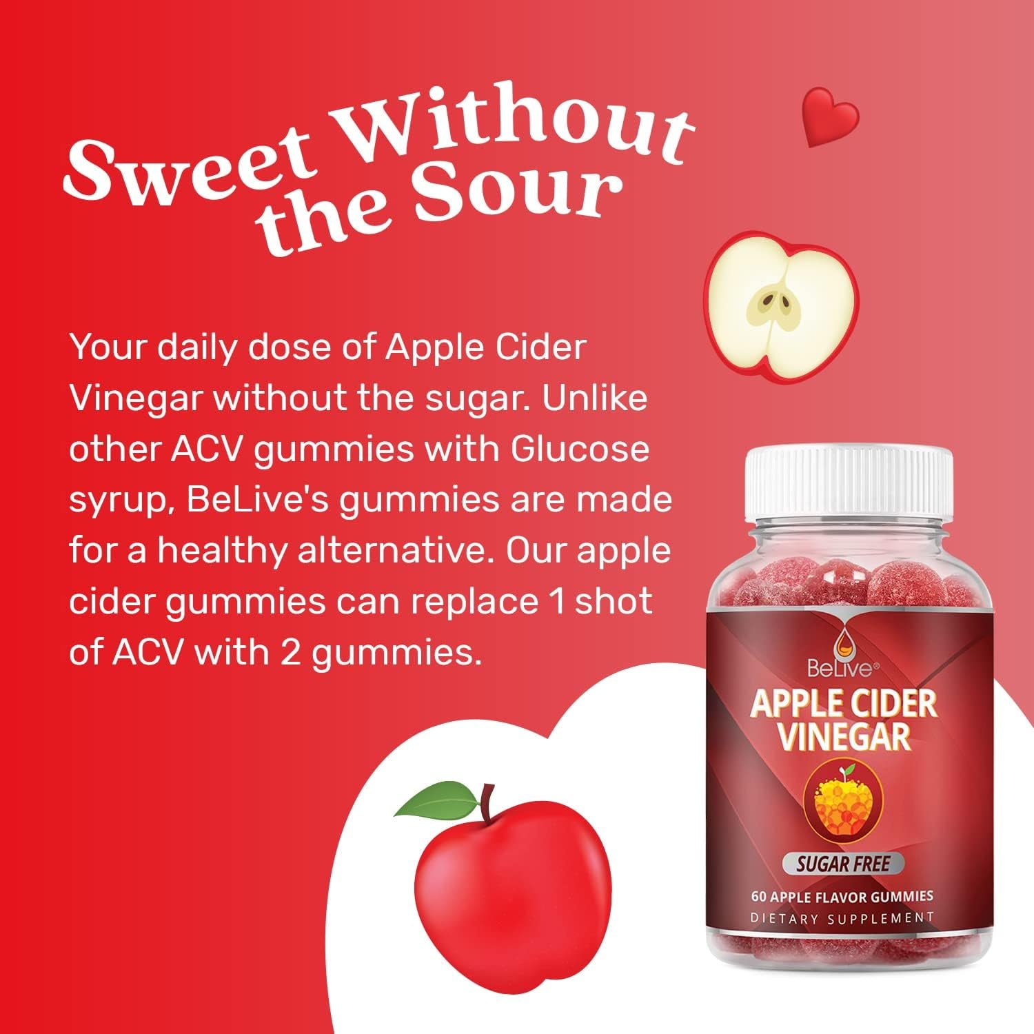 Belive Apple Cider Vinegar Gummies - ACV Gummies without Sugar I Detox & Cleanse Digestive Health I Alternative to Capsules, Vegan, Keto Friendly, Gluten Free | 60 Ct