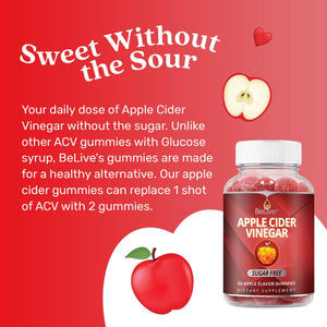 Belive Apple Cider Vinegar Gummies - ACV Gummies without Sugar I Detox & Cleanse Digestive Health I Alternative to Capsules, Vegan, Keto Friendly, Gluten Free | 60 Ct