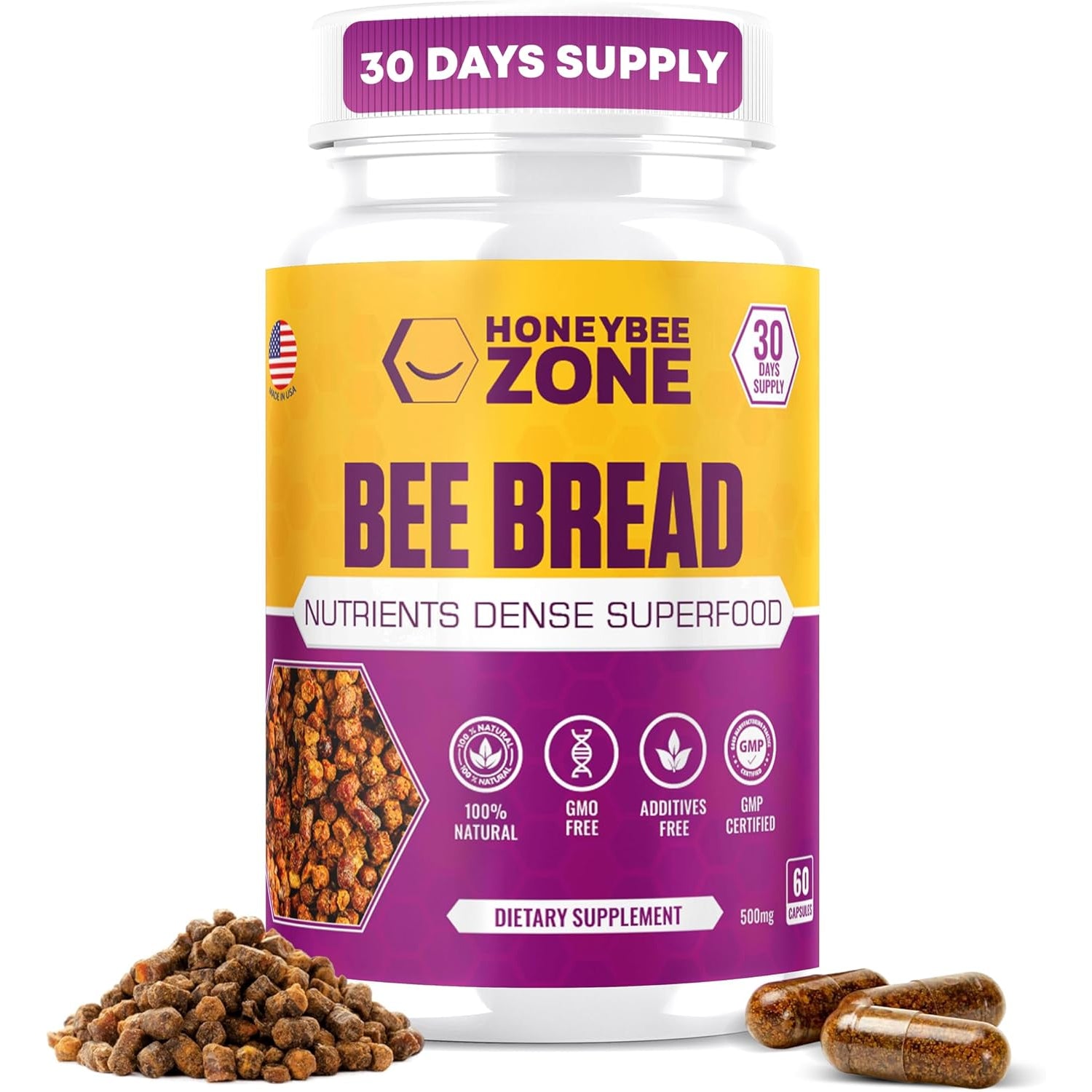 Honeybeezone-Bee Bread Capsules – Nutrient-Rich Superfood for Energy Boost, Immune Support Supplement | Non-Gmo, Gluten-Free, 60 Easy-To-Swallow Veggie Capsules
