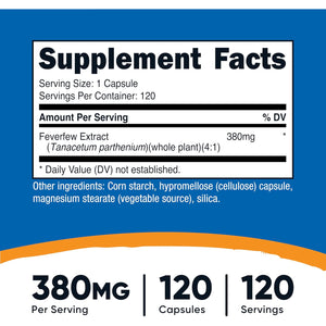 Nutricost Feverfew Capsules 380Mg, 120 Capsules, Vegetarian Friendly, Non-Gmo & Gluten Free
