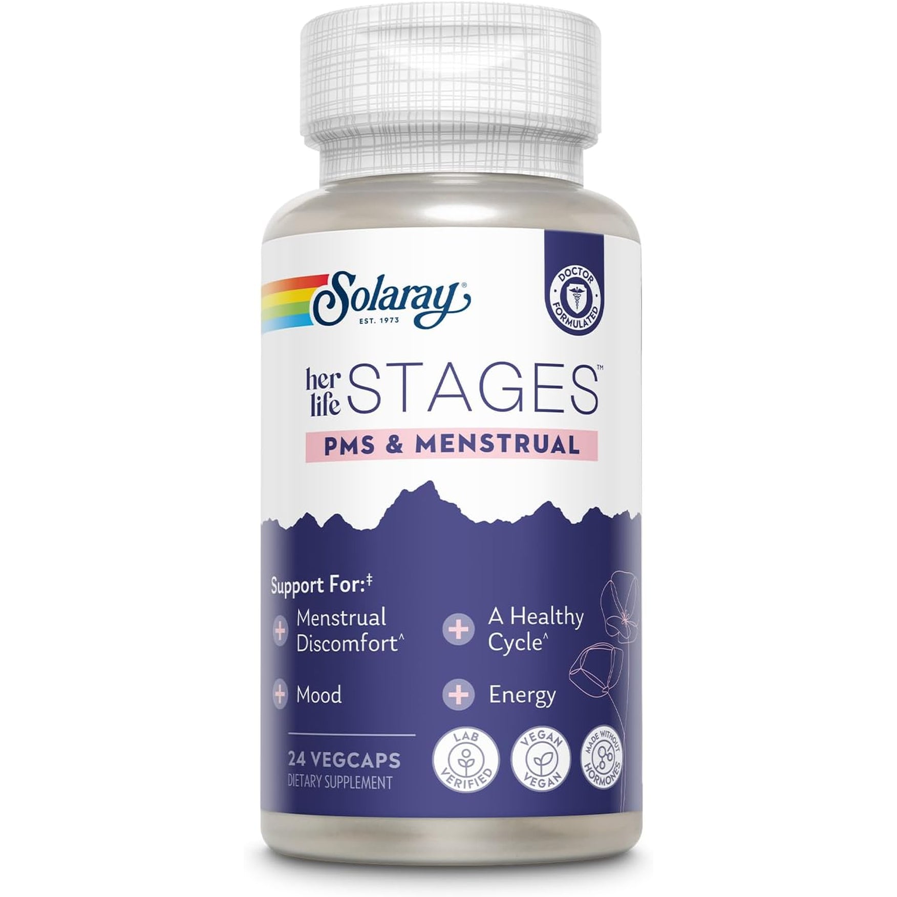Solaray PMS & Menstrual Her Life STAGES - PMS Support Supplement for Women with Cramp Bark, Vitex Chasteberry - Made without Hormones - 60-Day Guarantee - Vegan, Lab Verified - 24 Servings, 24 Vegcaps