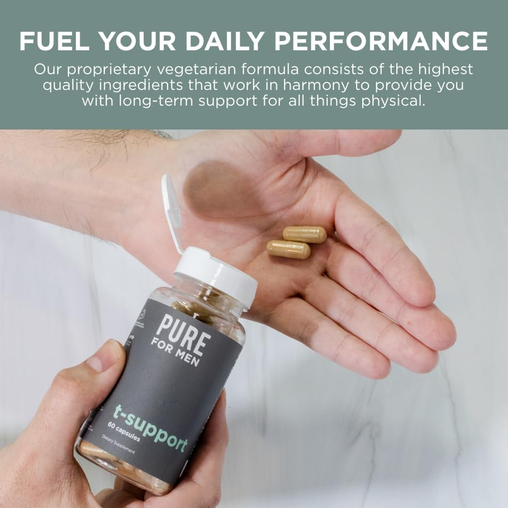 Pure for Men T-Support Supplement | Vegetarian Total Support for Men with Maca, Vitamin D, & Ashwagandha, Muscle Health | Endurance, Strength, Focus, & Energy Support | 60 Capsules