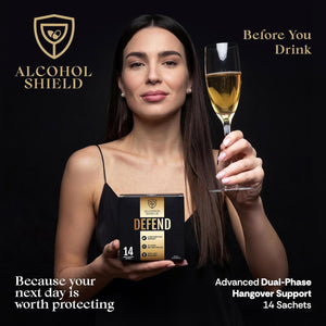 Defend Hangover Supplement | DHM + NAC | Feel Better after Drinking | Alcohol Recovery & Liver Support | Electrolytes & B Vitamins | 14 Sachets
