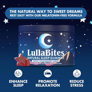 Lullabites - Natural Sleep Gummies - Made in USA - with 5-HTP, L-Theanine, Magnesium & Valerian Root - Melatonin Free - Vegan - Halal - Sugar, Gluten Free - Sweet Strawberry - 60 Gummies - 30 Servings