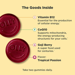 OLLY Daily Energy Gummy, Caffeine Free, Vitamin B12, Coq10, Goji Berry, Adult Chewable Supplement, Tropical Flavor - 60 Count