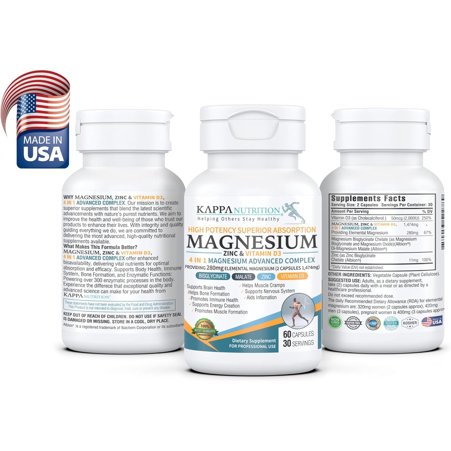 Kappa Nutrition Magnesium 4-In-1, 280Mg Elemental Magnesium (Bisglycinate, Malate) + Zinc & Vitamin D3, Brain, Sleep, Energy, Muscle, Immune Support, 60 Vegan Capsules.