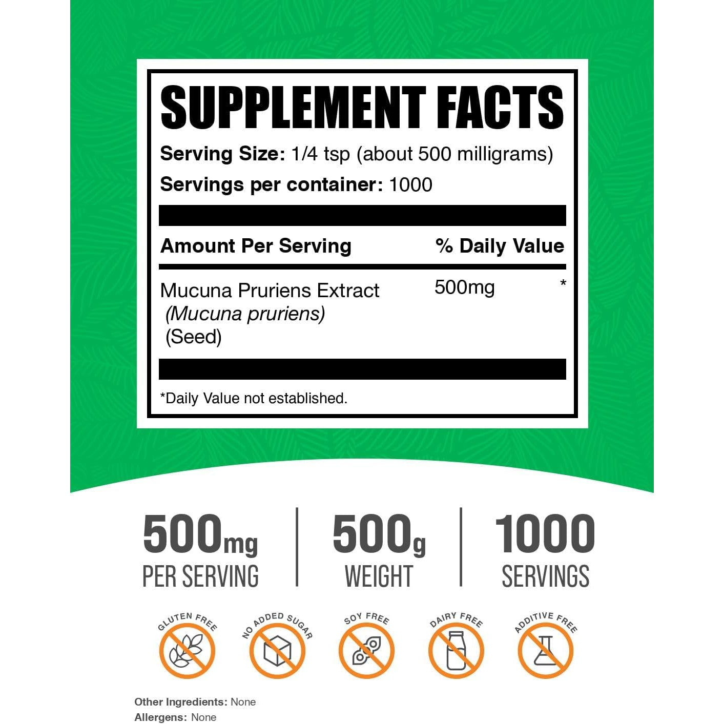Bulksupplements.Com Mucuna Pruriens Extract Powder - Mucuna Pruriens Supplements, Herbal Supplement - Vegan & Gluten Free, 500Mg per Serving, 500G (1.1 Lbs) (Pack of 1)